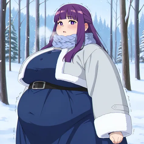 anime screencap, masterpiece, best quality,

1girl, solo, closed mouth, ear blush,
purple hair, long hair, purple eyes, bright pupils, blunt bangs,
FernWinter, blue scarf, winter coat, grey jacket, cropped jacket, blue dress, black belt,
standing, looking ...