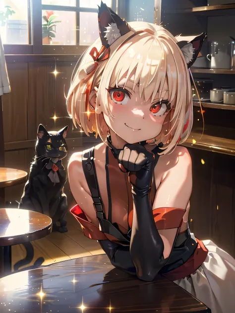 (portrait),(close up face:1.4), (Fisheye lens:1.4),　(upper body:1.2),
(leaning forward:1.5),  (head tilt), (paw pose:1.5),
seductive grin smug, embarrassed, drunken eyes, blush,　(arms behind back:1.2),
nishikigi chisato, red ribbon,  (betterhand, perfect a...