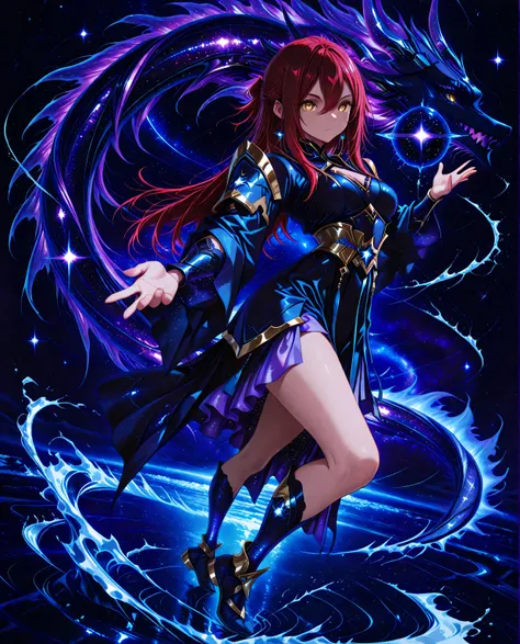 A fierce young maiden fused with the legendary Yamata no Orochi, standing over a raging ocean. Eight serpentine water streams swirl around her, each glowing with energy. She commands the waves, water columns rise like dragons into the sky. Her hair flows l...