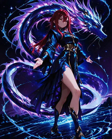 A fierce young maiden fused with the legendary Yamata no Orochi, standing over a raging ocean. Eight serpentine water streams swirl around her, each glowing with energy. She commands the waves, water columns rise like dragons into the sky. Her hair flows l...
