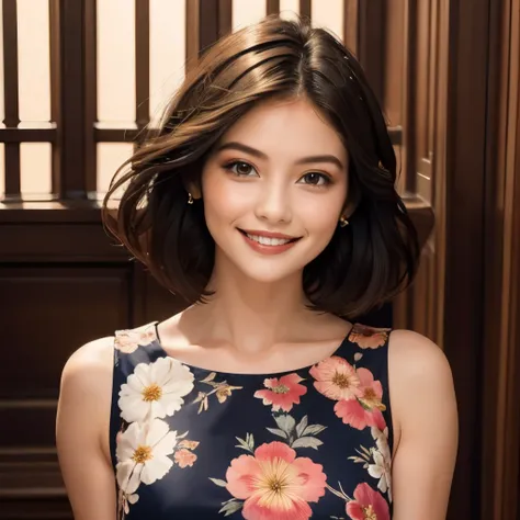 391 ((young woman)),(short hair),(floral dress),(archic smile)
