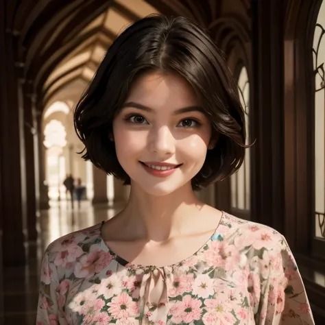 391 ((young woman)),(short hair),(floral dress),(archic smile)