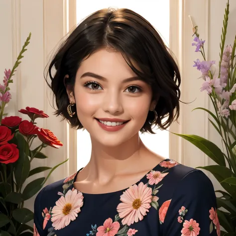 391 ((young woman)),(short hair),(floral dress),(archic smile)
