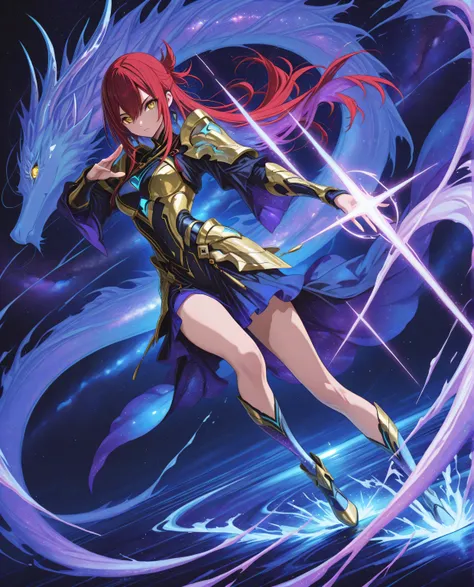 A fierce young maiden fused with the legendary Yamata no Orochi, standing over a raging ocean. Eight serpentine water streams swirl around her, each glowing with energy. She commands the waves, water columns rise like dragons into the sky. Her hair flows l...