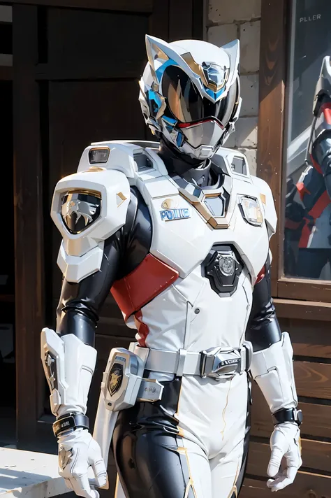 1boy, full body, Illustration, cinematic light, high resolution, best quality, ultra-detailed, masterpiece, power suit, powerranger, suit, spd, (Silver and Gold chest plate), white and gold detail, (((white suit))), ((police theme:1.2)), jetpack, ((high cl...