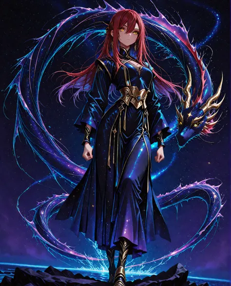 A fierce young maiden fused with the legendary Yamata no Orochi, standing over a raging ocean. Eight serpentine water streams swirl around her, each glowing with energy. She commands the waves, water columns rise like dragons into the sky. Her hair flows l...