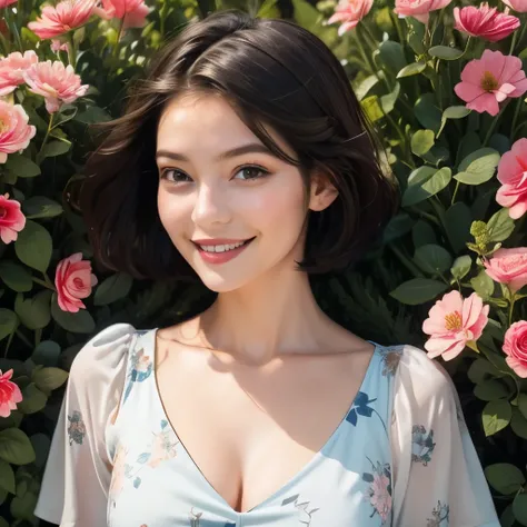 391 ((young woman)),(short hair),(floral dress),(archic smile)