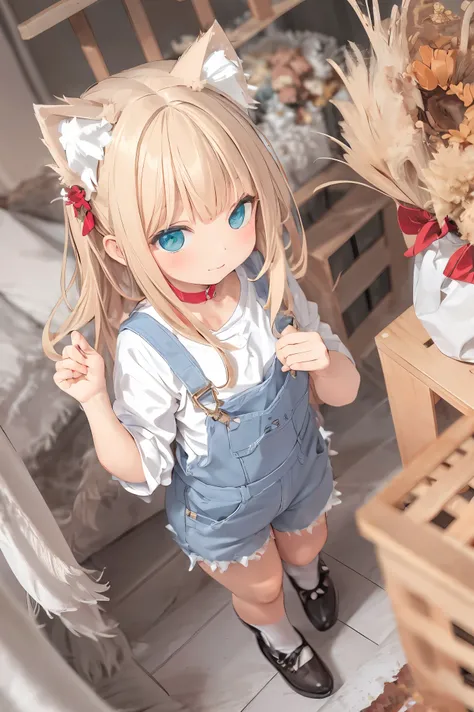 A cat has transformed into a human girl to return a favor. She stands at the front door, offering a bouquet of flowers. The girl has visible cat ears on her head, short brown hair, and wears denim overalls. The bouquet she holds contains various flowers, i...