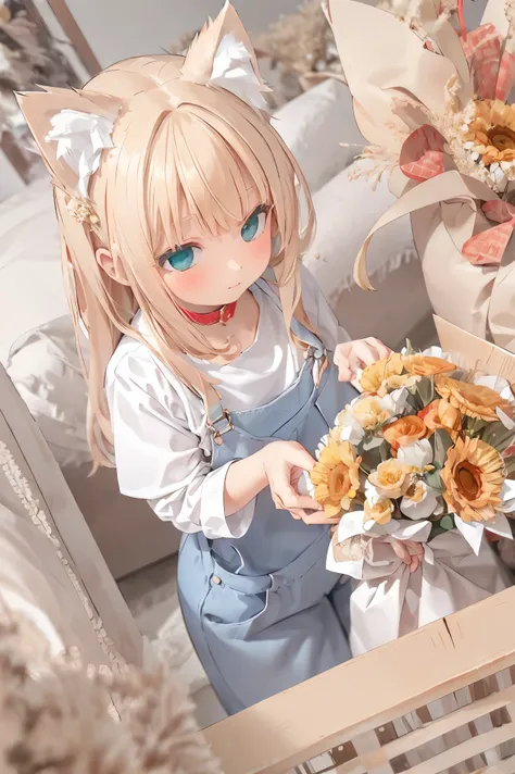 A cat has transformed into a human girl to return a favor. She stands at the front door, offering a bouquet of flowers. The girl has visible cat ears on her head, short brown hair, and wears denim overalls. The bouquet she holds contains various flowers, i...
