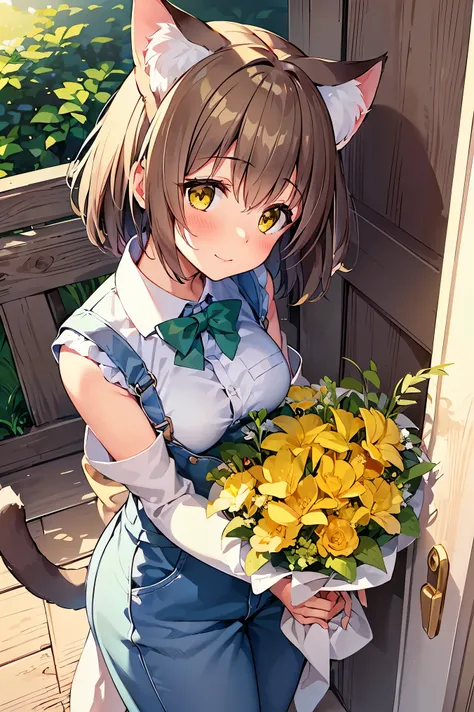 A cat has transformed into a human girl to return a favor. She stands at the front door, offering a bouquet of flowers. The girl has visible cat ears on her head, short brown hair, and wears denim overalls. The bouquet she holds contains various flowers, i...