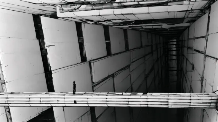 A lone male warrior standing in a vast dystopian megastructure, inspired by Tsutomu Nihei's BLAME!, wearing a sleek black tactical exosuit with modular armor plates and complex belt systems, holding a red-accented high-tech handgun. He has short black hair...