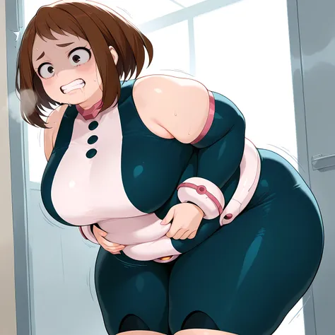 amazing quality,very aesthetic,absurdres,best quality,newest,masterpiece,4k resolution, absurdres, highres, detailed background, 
 1girl,  solo, hand on own stomach, sweat,  leaning forward, nervous,  , Ochako uraraka, brown hair, brown eyes, drooling, sca...
