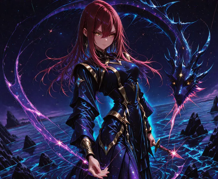 A fierce young maiden fused with the legendary Yamata no Orochi, standing over a raging ocean. Eight serpentine water streams swirl around her, each glowing with energy. She commands the waves, water columns rise like dragons into the sky. Her hair flows l...