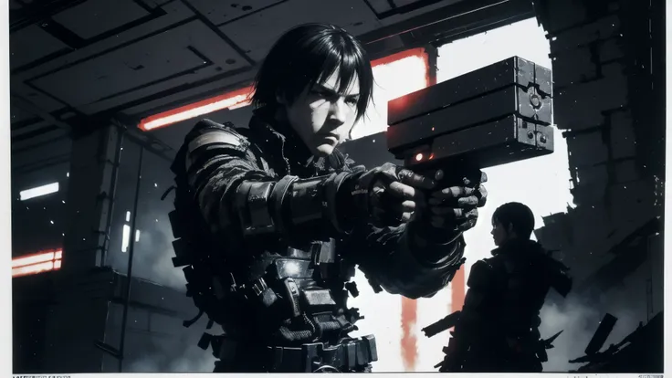 medium shot, 35mm lens,upper body, solo,side-back view of the male,blame, tsutomu nihei, by tsutomu nihei,movie, killy, cibo, GBE,1boy, killy, ova, short hair, black hair,a lone male cyberpunk warrior,(holding GBE in one hand and aiming it forward:1.2), h...