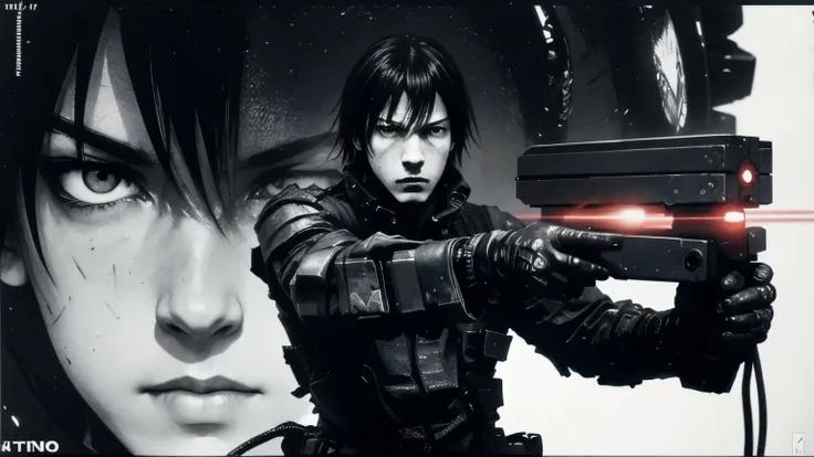 medium shot, 35mm lens,upper body,solo,blame, tsutomu nihei, by tsutomu nihei,movie, killy, cibo, GBE,1boy, killy, ova, short hair, black hair,a lone male cyberpunk warrior, (aiming a high-tech handgun:1.2), he stands amidst the ruins of mechanized structu...