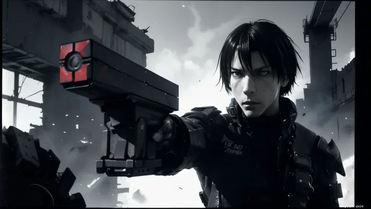 medium shot, 35mm lens,upper body,solo,blame, tsutomu nihei, by tsutomu nihei,movie, killy, cibo, GBE,1boy, killy, ova, short hair, black hair,a lone male cyberpunk warrior, (aiming a high-tech handgun:1.2), he stands amidst the ruins of mechanized structu...