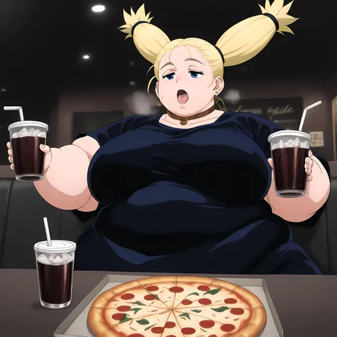 masterpiece, best quality, absurdres, highres, detailed background, 
  nishimiya momo, 1girl, blonde hair, twintails, choker, black dress, earrings,loose clothes, face focus, open mouth, drinking straw, cola, sucking_straw,restaurant, pizza, holding cup,so...