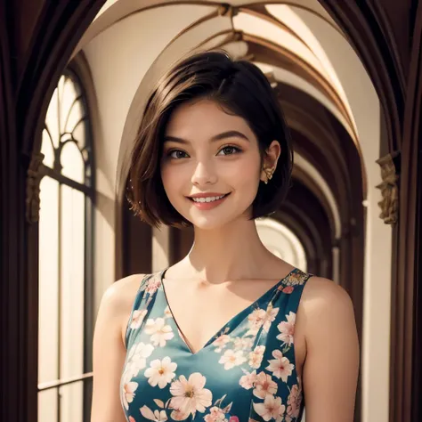 391 ((young woman)),(short hair),(floral dress),(archic smile)
