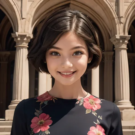 391 ((young woman)),(short hair),(floral dress),(archic smile)