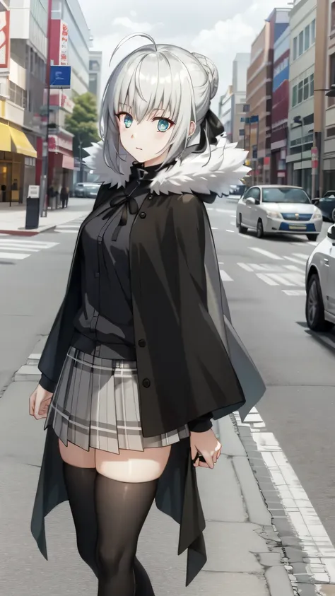 {{{masterpiece}}}, (best quality:1.5), (ultra-detailed:1.5), {illustration}, {{an extremely delicate and beautiful}}, (beautiful detailed eyes:1.6), absurdres, highres, extremely detailed face, 16k, hd, visual anime de uma jovem mulher, extremamente bonito rosto de anime, anime melhor garota, (perfect hands, perfect anatomy), anime face, gray(Fate Grand Order), 1gril, solo, cute face, short hair, grey hair, ahoge, hair bun, hair ribbon, bangs, sidelocks, blue eyes, medium breasts, big hips, curvaceous, BREAK, black cape, long cape, hood, {{hood down}}, gray collar, fur collar, black ribbon, black shirt, long sleeves, black sleeves, plaid skirt, pleated skirt, grey skirt, miniskirt, black thighhighs, black footwear, thighs, zettai ryouiki, BREAK, 1girl, solo, looking at viewer, outdoor, storefront, car, road, real world location, traffic light, outdoors, street, crosswalk, building, city, sign, sky, scenery, road sign, cloud, multiple boys, night, moonlight, detailed background, (bust shot:1.5)