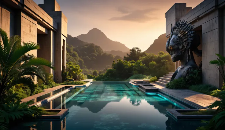 Detailed photograph of a brutalist interor luxury villa of brut4list design. in the foreground on the side of the image displaying a huge bas-relief of three TRIBALV1 mayan death goddess, skull mask, feather headdress, The light coming from the open bay op...