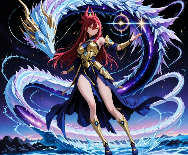 A fierce young maiden fused with the legendary Yamata no Orochi, standing over a raging ocean. Eight serpentine water streams swirl around her, each glowing with energy. She commands the waves, water columns rise like dragons into the sky. Her hair flows l...