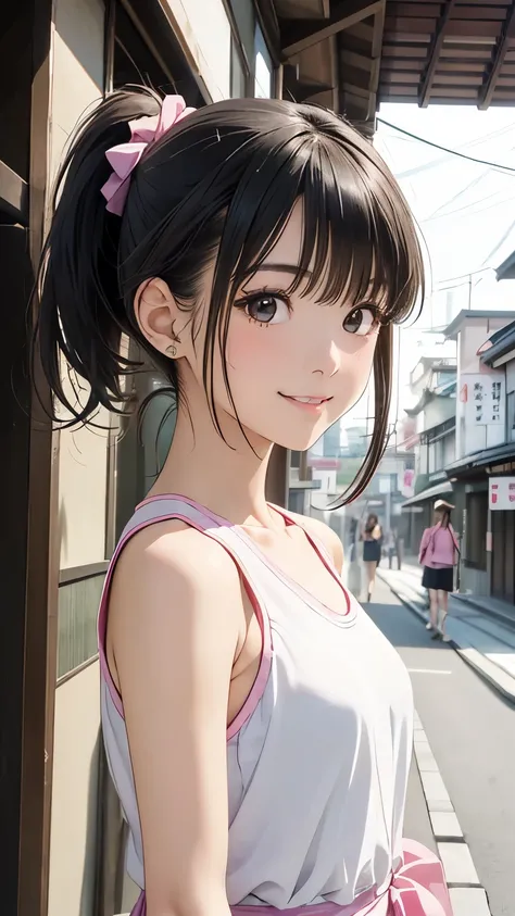young woman、Smile、Cool Hairstyles、Blush、masterpiece、high resolution、16 kg、 fresh colored spring clothes depicting the upper body、(very close:1.troll through the city of Kyoto、(depicts upper body:1.5)、ponytail