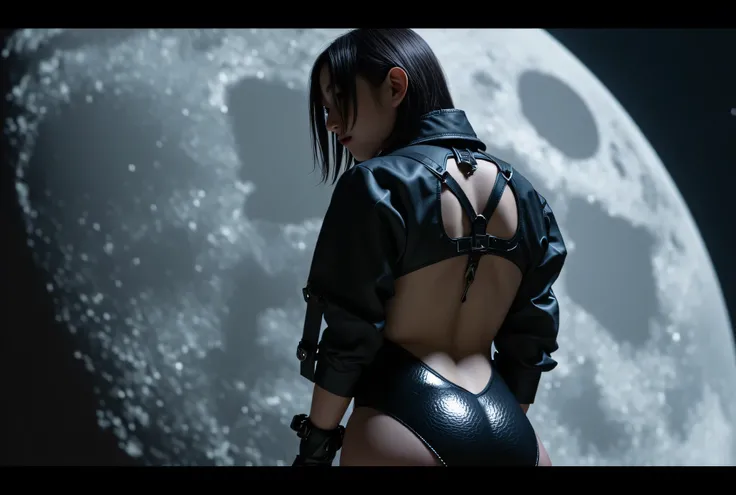(((Dark Rocky Moon Surface:2.0))),(((A meteorite that hit the surface of the moon collided and scattered:2.0))),(((HR Gigger-like cyberpunk Atmosphere:2.0))),((((standing figure:2.0)))),((((Side view from back:2.0)))),(((looking back at the camera:2.0))),(...