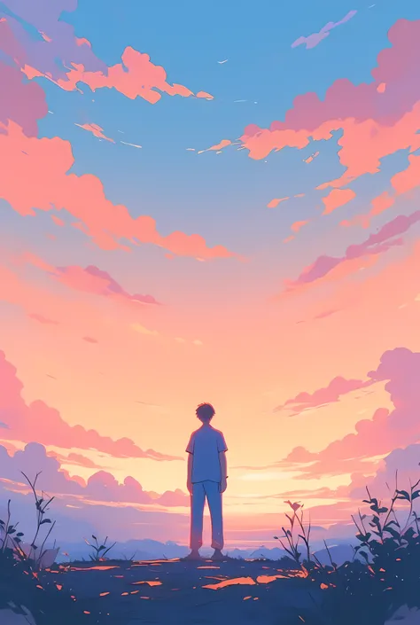 The image depicts a man standing in front of a glowing sunset, reimagined with cozy vibes and a pastel pop art anime style. His figure is silhouetted gently against a sky bathed in warm hues of peach, soft coral, and lavender pink. Wispy clouds drift acros...
