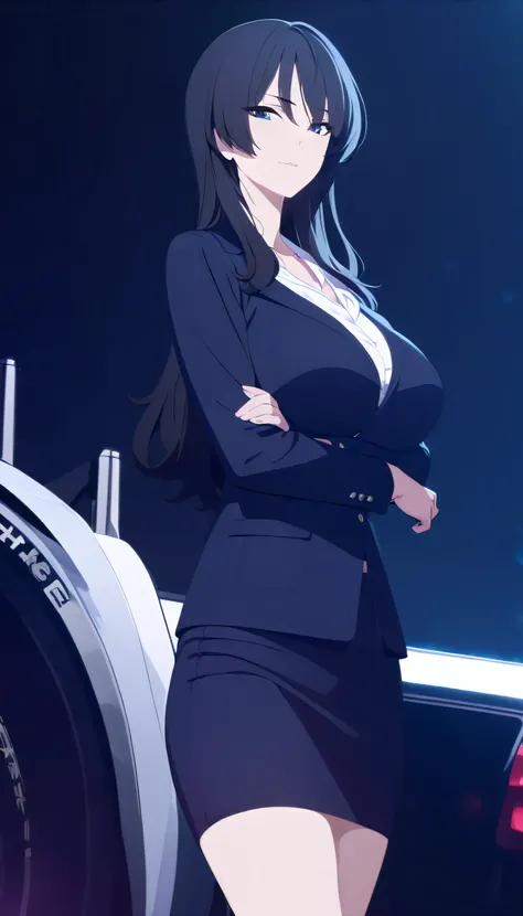 masterpiece, best quality, cg art, solo, 1girl, mature, black hair, long hair, dark blue eyes, big breast, casual outfit with jacket, standing, looking at viewer, elegant, thoughtful, composed, slight smile, observing gaze, pitch black background only