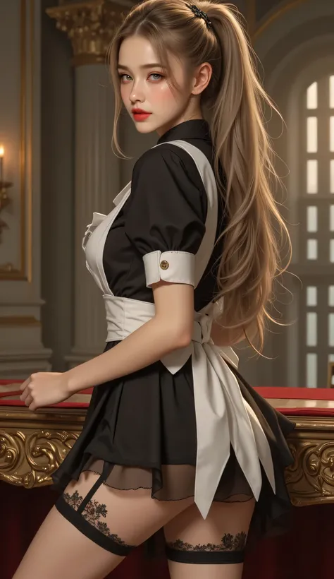 High image quality NUTRA FINECG Unity 8k壁紙、Highest Quality、High image quality NUTRA FINE、masterpiece、real、photo、HIGH QUALITY NUTRA FINEキュートガール、18 years old、((Maid Cafe in an old European castle)),(girl standing in front of a table)、(girl in maid clothes),(...