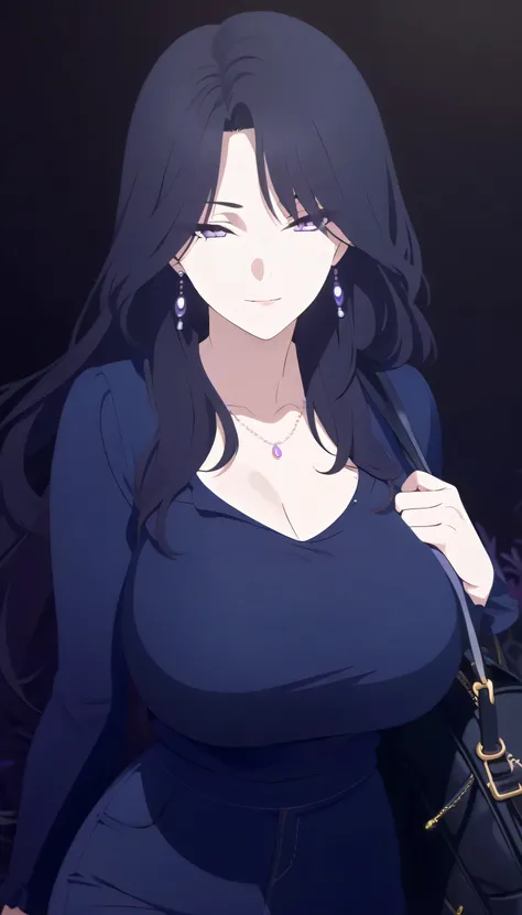 masterpiece, best quality, cg art, solo, 1girl, mature, black hair, long hair, lavender eyes, big breast, casual outfit, standing, looking at viewer, elegant, mysterious, composed, slight smile, observing gaze, slight smirk, pitch black background only