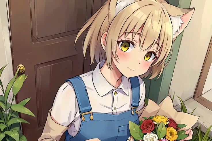 A cat has transformed into a human girl to return a favor. She stands at the front door, offering a bouquet of flowers. The girl has visible cat ears on her head, short brown hair, and wears denim overalls. The bouquet she holds contains various flowers, i...