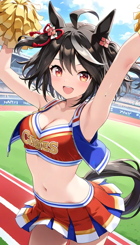 ((Highest Quality, masterpiece, high resolution)), kitasan black with bokeh\(umamusume\), Cheerleader, Cheerleading Costumes, Stadium, (Horse Tail), Smile, Smile Yan, is standing, cleavage, Navy blue pompoms, bust up