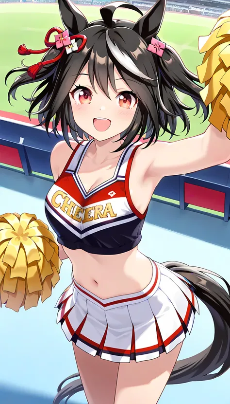 ((Highest Quality, masterpiece, high resolution)), kitasan black\(umamusume\), Cheerleader, Cheerleading Costumes, Stadium, (Horse Tail), Smile, Smile Yan, is standing, cleavage, Pom Poms, cheerdance