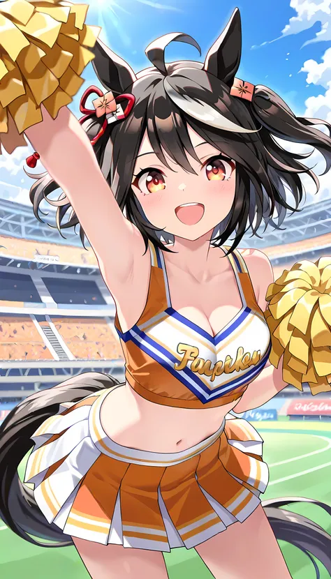 ((Highest Quality, masterpiece, high resolution)), kitasan black with bokeh\(umamusume\), Cheerleader, Cheerleading Costumes, Stadium, (Horse Tail), Smile, Smile Yan, is standing, cleavage, Navy blue pompoms, bust up