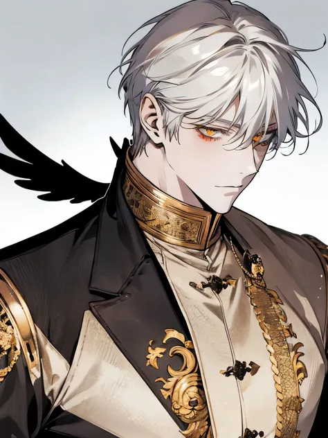 alone, alone, Man with white hair and gold eyes in anime illustration, clean animated outlines , Leaf cut, Black wings behind the back, man anime style, sober face, hell 배경, high quality background , 붉은색과 검은색의 hell 배경, black hair, red eyes, hell, yello...