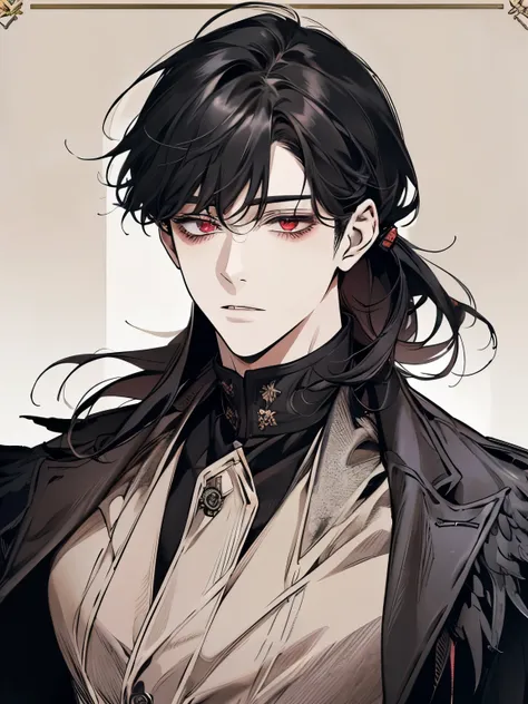 alone, 애니메이션 그림의 black hair에 붉은 눈을 가진 남자, clean animated outlines , Leaf cut bangs, long back hair, Black wings behind the back, man anime style, sober face, Hell background , high quality background , 붉은색과 검은색의 Hell background , black hair, red eyes,