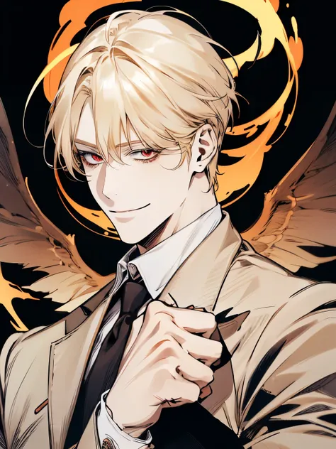 alone, anime illustration of a blond man with red eyes, clean animated outlines , side part bangs, medium length hair, Devil's wings behind the back, man anime style, smiling face, Hell background , high quality background , 붉은색과 검은색의 Hell background ,