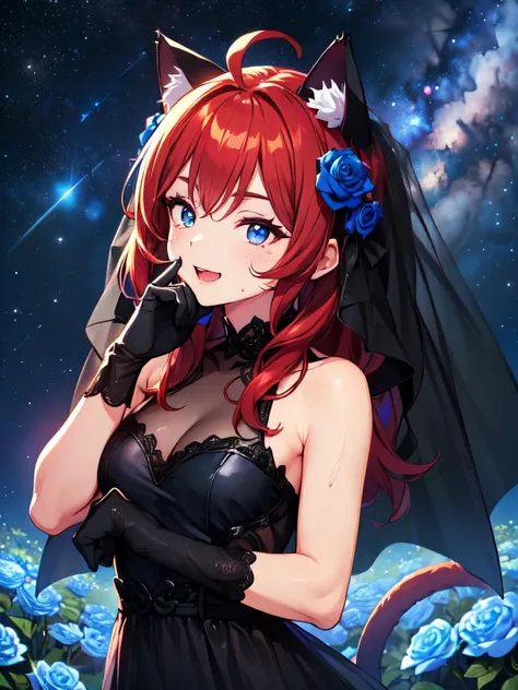 (The Cat Returns: 1.5), (Solo, alone, crystal forest, starry sky, outdoor wedding venue: 1.5), (Cat heaven, lots of cats, lots of cats celebrating a wedding: 1.5), (No ears, no horse, no lights, clenched fists: 1.5), (Red hair, cat ears, long fluffy hair, ...
