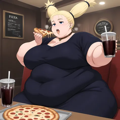 masterpiece, best quality, absurdres, highres, detailed background, 
  nishimiya momo, 1girl, blonde hair, twintails, choker, black dress, earrings,loose clothes, face focus, open mouth, drinking straw, cola, sucking_straw,restaurant, pizza, holding cup,so...