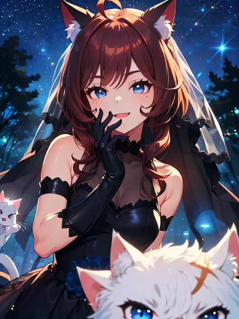 (The Cat Returns: 1.5), (Solo, alone, crystal forest, starry sky, outdoor wedding venue: 1.5), (Cat heaven, lots of cats, lots of cats celebrating a wedding: 1.5), (No ears, no horse, no lights, clenched fists: 1.5), (Red hair, cat ears, long fluffy hair, ...