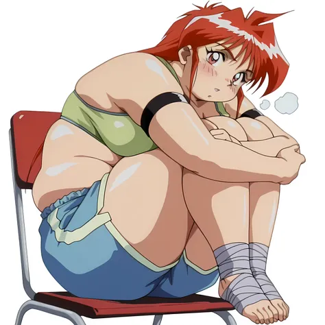 masterpiece, best quality, amazing quality, 
 ayane mitsui, long hair, red hair, red eyes, retro artstyle, 1990s (style), mature female, medium breasts, anime screencap, 
shorts, blue shorts, sports bra, green sports bra, bandaged foot, bandaged legs, blac...