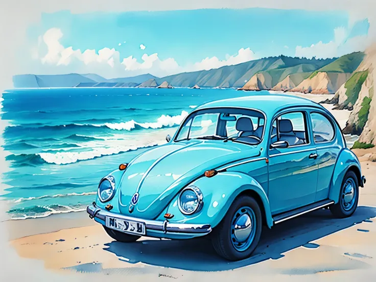 (masterpiece:1.2, Highest Quality),(very well detailed),(watercolor),8k,details,Pastel Blue Volkswagen Beetle,California's Big Sur, The blue of the ocean and sky spreading along the Pacific coast
