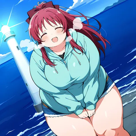score_9, score_8_up, score_7_up, source_anime,  kyouko sakura, long hair, red eyes, ponytail, hair bow, red hair,, shorts, hood, hoodie, denim, blue shorts, denim shorts,, lighthouse, light, sea, tall, guidance, smile,  v arms, blush, open mouth, leaning f...