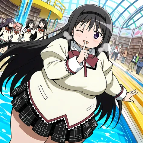 score_9, score_8_up, score_7_up, source_anime,  homura akemi, long hair, black hair, very long hair, purple eyes, hairband, black hairband,, skirt, school uniform, mitakihara school uniform, puffy sleeves, plaid skirt, pleated skirt, bowtie, red bowtie, wa...