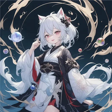 Bathed in a mystical twilight, a character with striking light white hair, adorned with cat-like ears, stands confidently at the center of the composition. Dressed in an intricately designed kimono that blends black and white hues with vivid red and blue a...