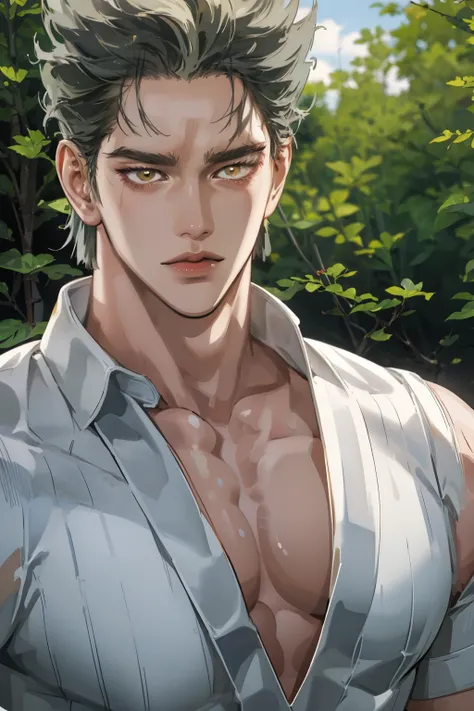 Realistic,Photorealistic,HDR,UHD,studio lighting,Ultra Detailed Description,Professional ,vivid color,Garou,One Punch Man,Yellow eyes,gray hair,18 years old,guy,177cm,Black Chewy Polar That Reveals Your Body,White Dojo Pants,Dojo Straps,Full Body High Defi...