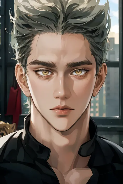 Realistic,Photorealistic,HDR,UHD,studio lighting,Ultra Detailed Description,Professional ,vivid color,Garou,One Punch Man,Yellow eyes,gray hair,18 years old,guy,177cm,Black Chewy Polar That Reveals Your Body,White Dojo Pants,Dojo Straps,Full Body High Defi...