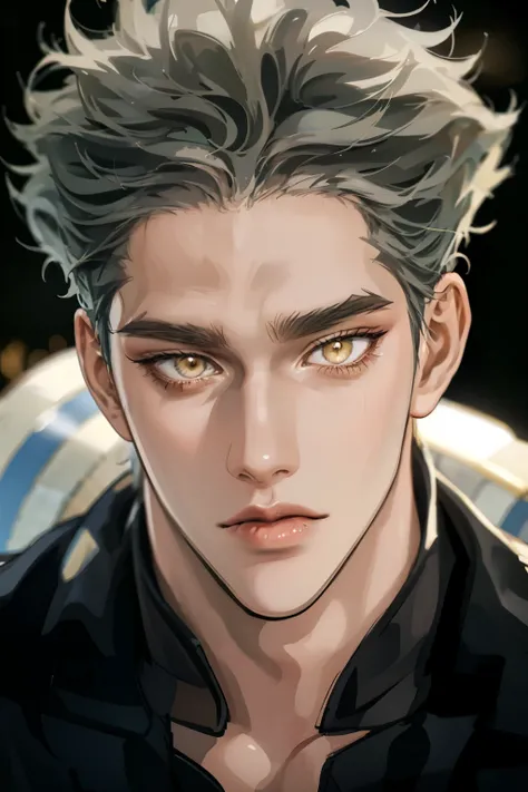 Realistic,Photorealistic,HDR,UHD,studio lighting,Ultra Detailed Description,Professional ,vivid color,Garou,One Punch Man,Yellow eyes,gray hair,18 years old,guy,177cm,Black Chewy Polar That Reveals Your Body,White Dojo Pants,Dojo Straps,Full Body High Defi...